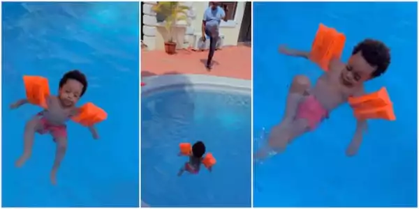Regina Daniels’ 1-Year-Old Son, Munir Seen Swimming Impressively Inside Massive Pool (Video)
