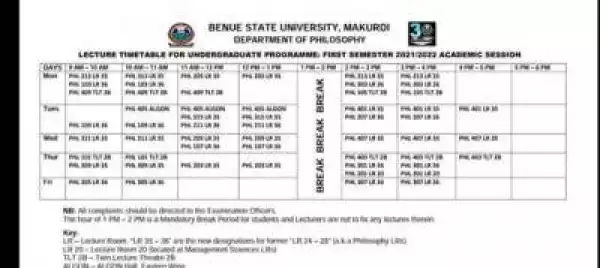 BSU first semester lecture timetable, 2021/2022 session