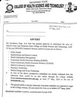 Nassarawa College of Health Science & Tech Keffi releases Diploma form, 2024/2025