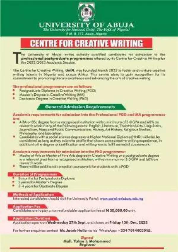 UNIABUJA Professional Postgraduate programme in Creative writing, 2022/2023