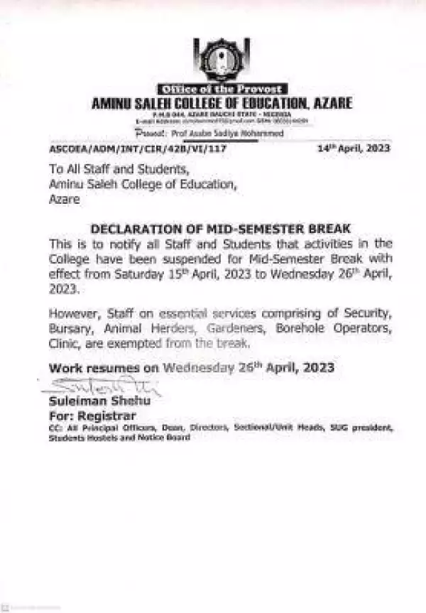 Aminu Saleh COE announces mid-semester break