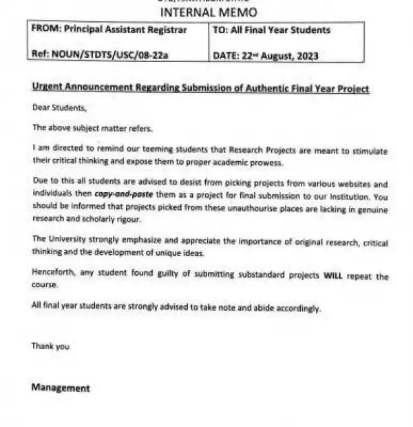 NOUN urgent announcement regarding submission of authentic final year project