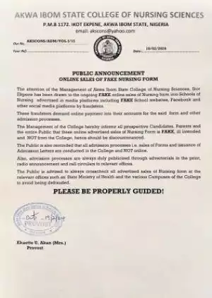 Akwa ibom state college of Nursing science disclaimer notice