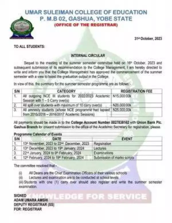 Umar Suleiman College of Education important notice to staff and students