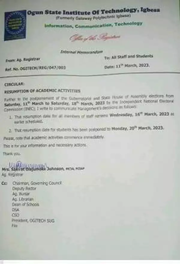 OGITECH notice on resumption of academic activities
