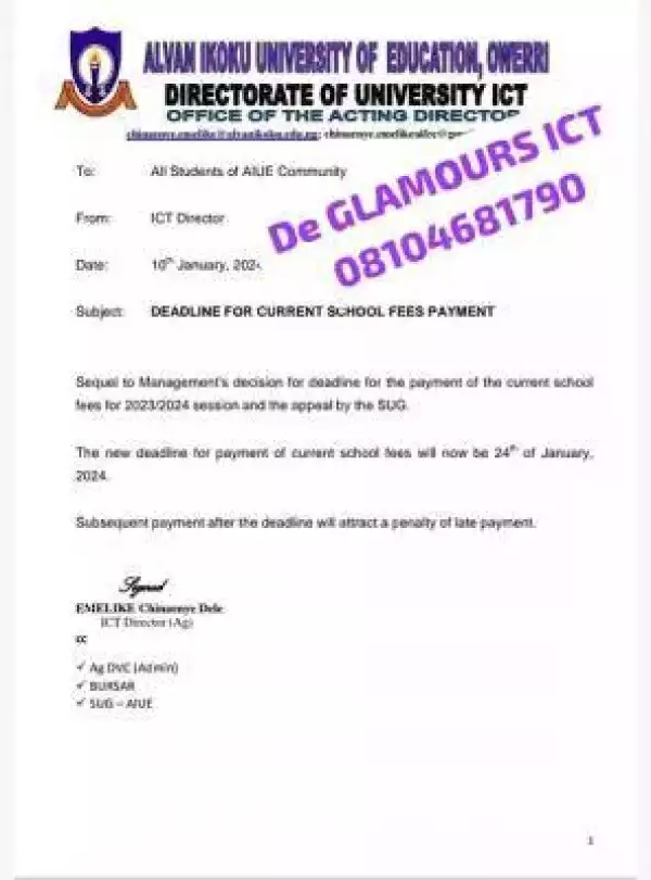 Alvan Ikoku Federal COE notice to students on deadline for current school fees payment