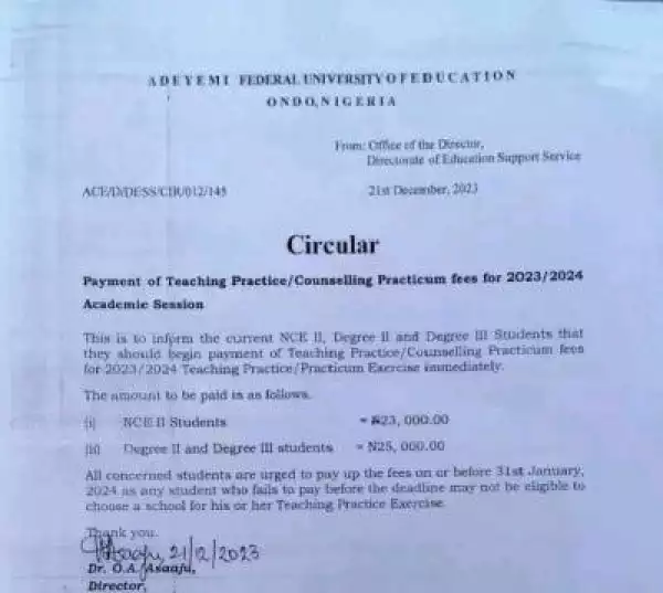 Adeyemi COE notice on payment of teaching practice/counseling practicum fees, 2023/2024
