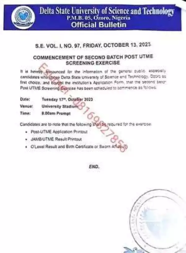 Delta State University of Science and Technology Ozoro notice on 2nd Post-UTME screening