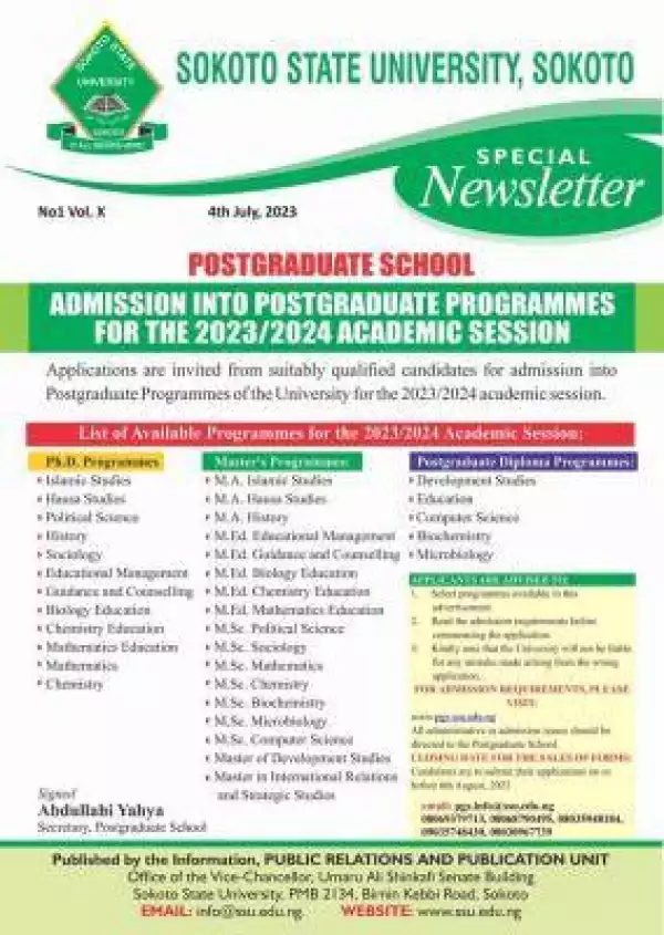 Sokoto State University Postgraduate Admission, 2023/2024