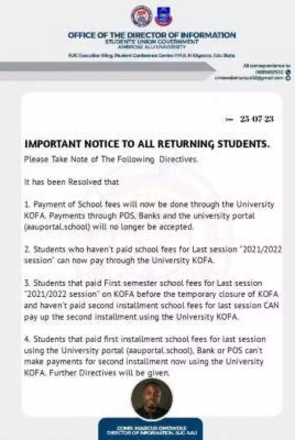 AAU SUG notice to returning students on payment of fees