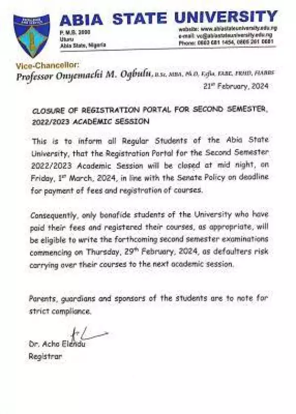 ABSU notice on closure of registration portal for 2nd semester, 2022/2023