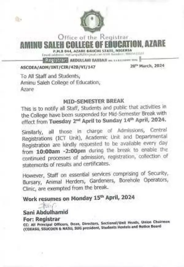 Aminu Saleh COE notice of mid-semester break