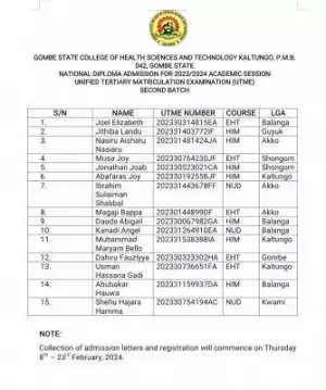Gombe College of Health Tech, Kaltungo ND 2nd batch admission list, 2023/2024