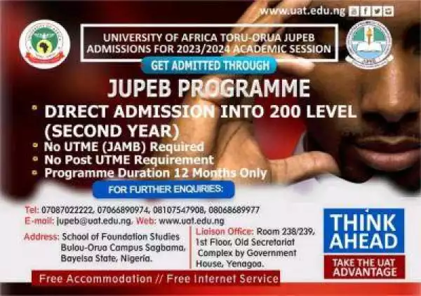 University of Africa Toru-Orua JUPEB admission form for 2023/2024 session