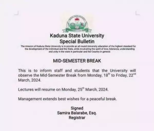KASU notice of mid-semester break
