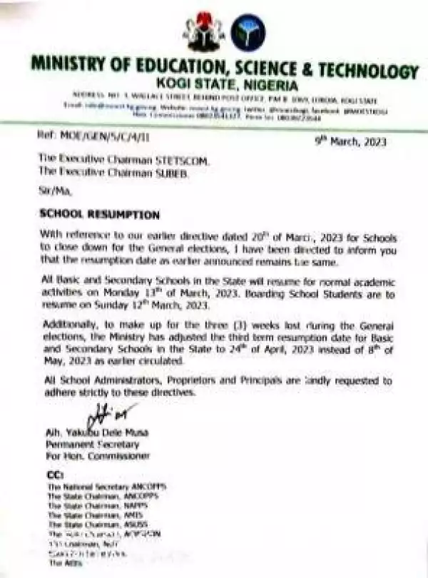 Kogi State notice on resumption for all schools