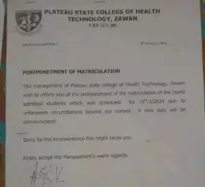 Plateau State College of Health Tech notice on postponement of matriculation