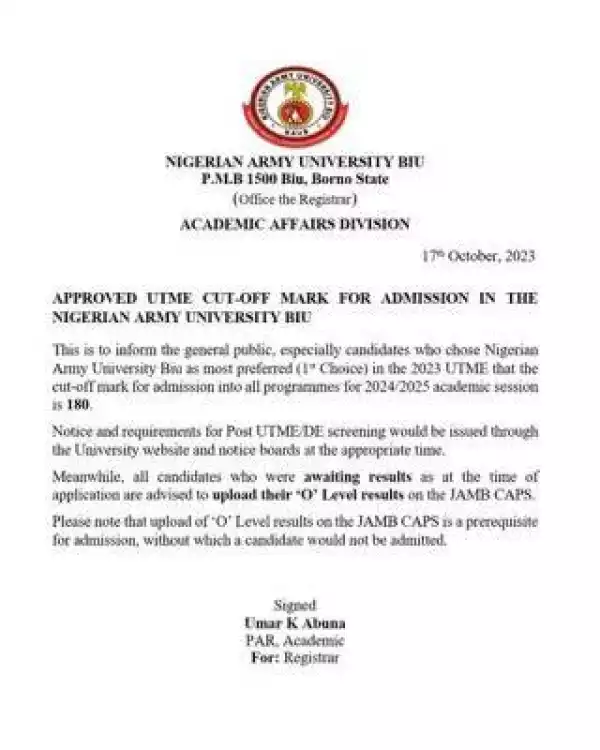 NAUB approved cut-off mark for admission, 2023/2024