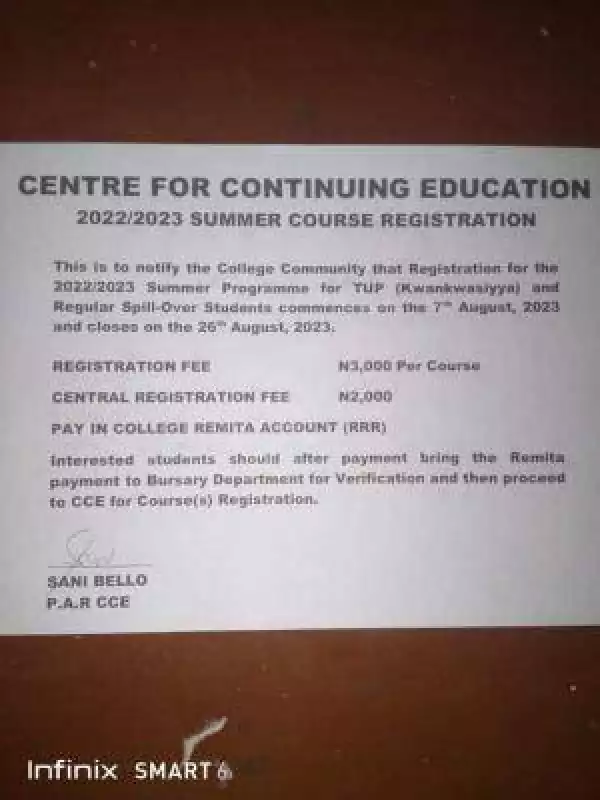 FCET Bichi notice to students on summer course registration