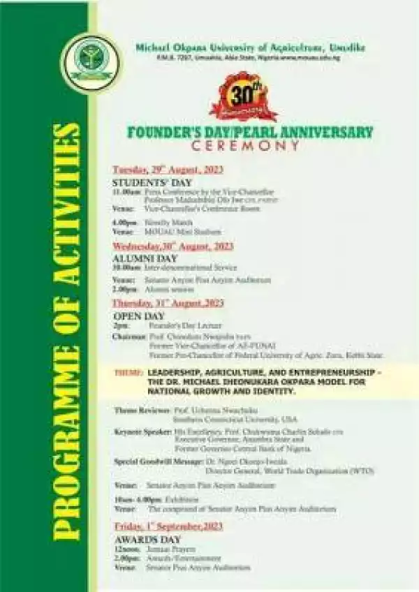 MOUAU announces 30th Founders Day Celebration