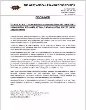 WAEC disclaimer notice on purported ad-hoc staff recruitment