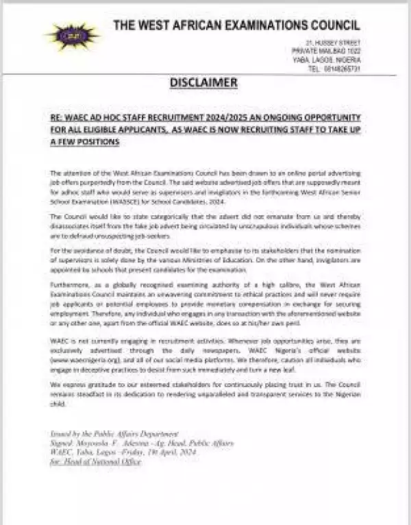 WAEC disclaimer notice on purported ad-hoc staff recruitment