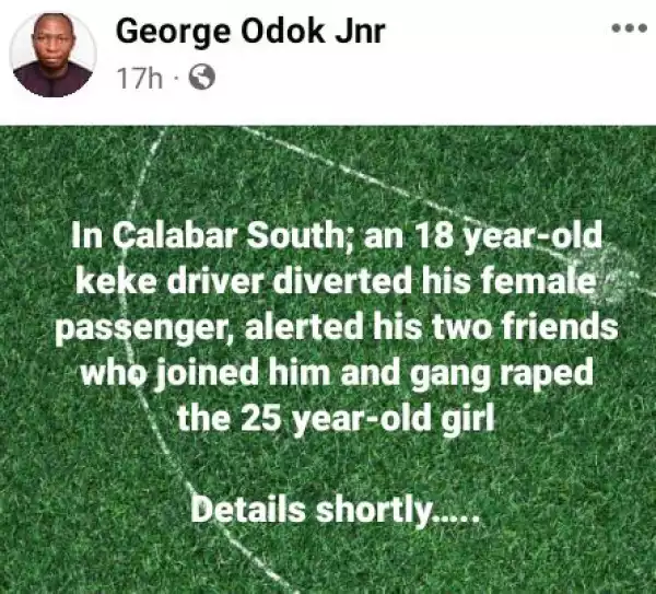 18-year-old Tricycle Rider And His Two Friends Allegedly Gang-r#pe 25-year-old Female Passenger In Calabar