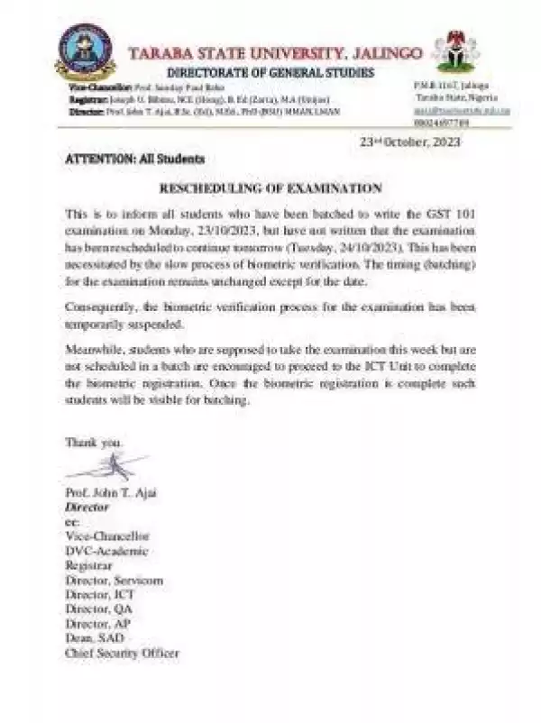 TASU notice on rescheduling of General Studies examinations