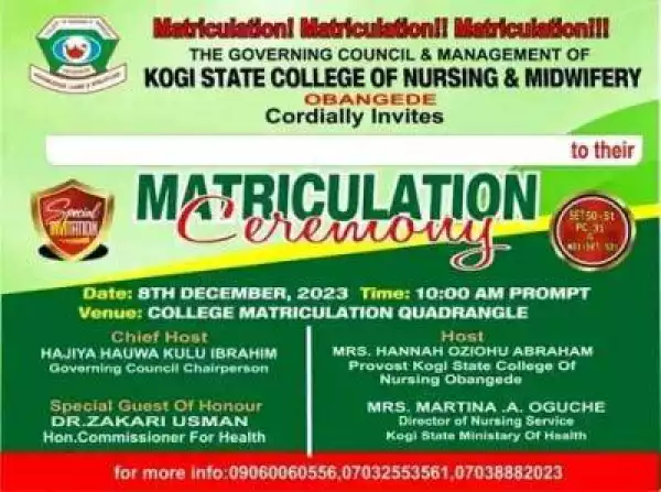 Kogi State College of Nursing and Midwifery, Obangede announces Combined Matriculation Ceremonies