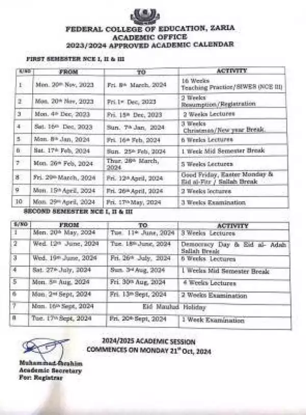 Federal College Of Education Zaria NCE academic calendar, 2023/2024
