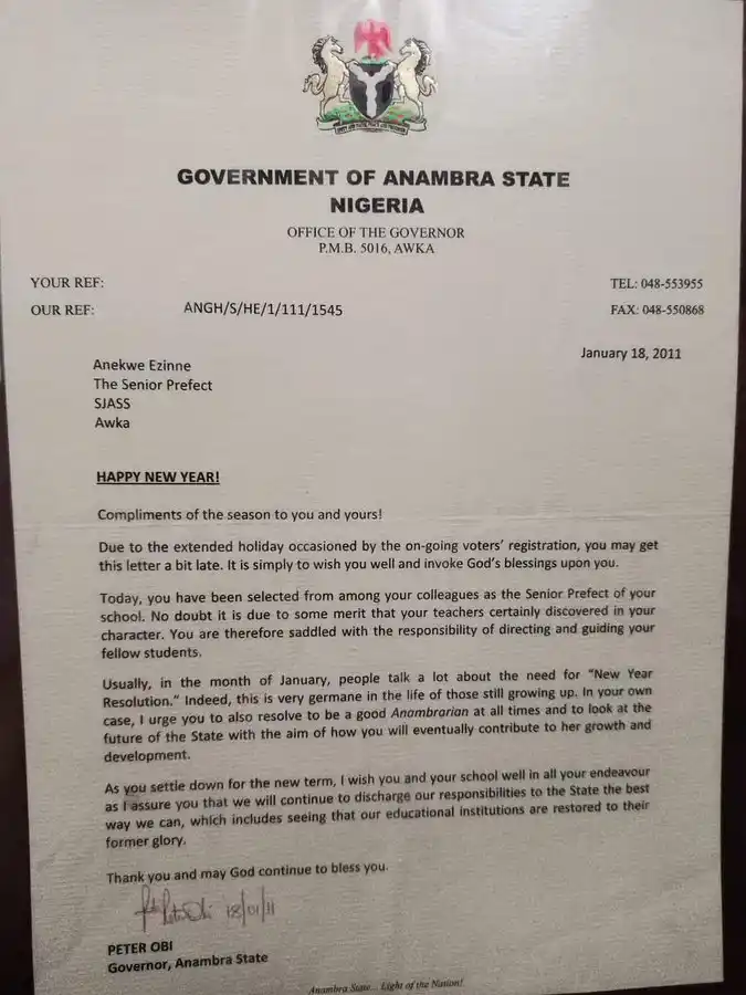 The Letter Peter Obi Wrote To A Senior Prefect While He Was Governor