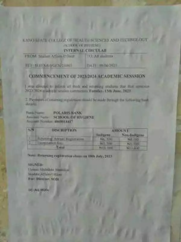 Kano State College of Health notice on commencement of 2023/2024 session