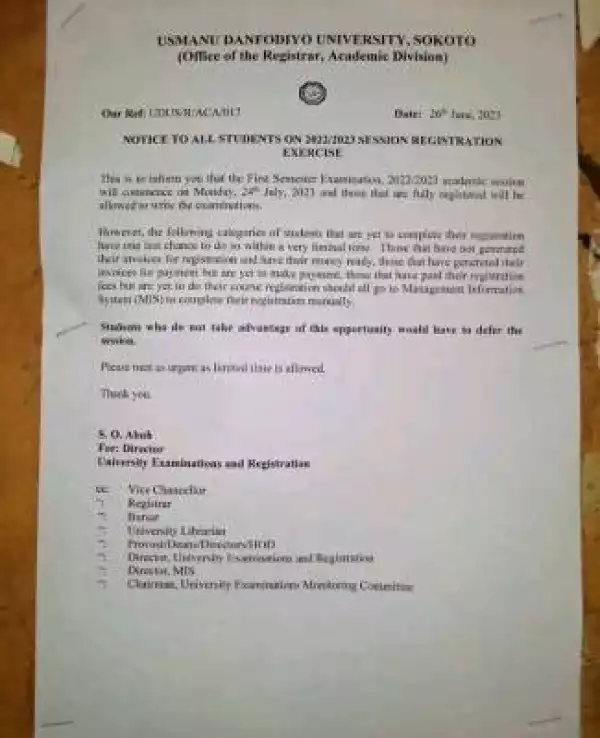 UDUS notice to all students on registration exercise for 2022/2023 session