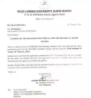 Sule Lamido University notice on closing of registration portal, 2023/2024