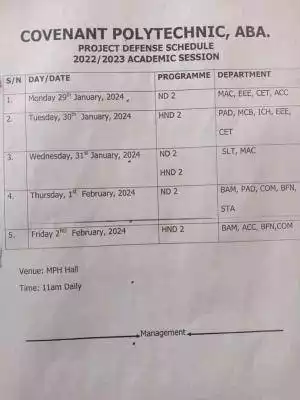 Covenant Polytechnic release project defense schedule, 2022/2023