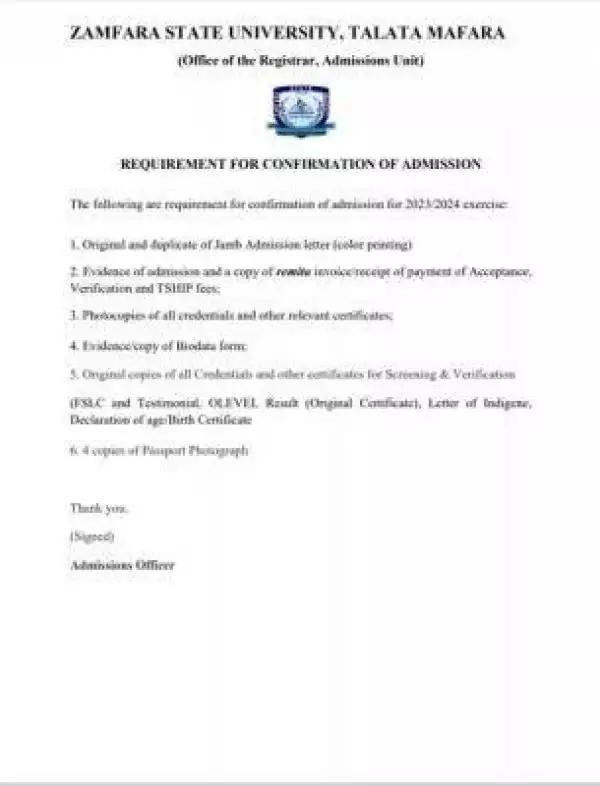 ZAMSU notice on requirements for confirmation of admission, 2023/2024