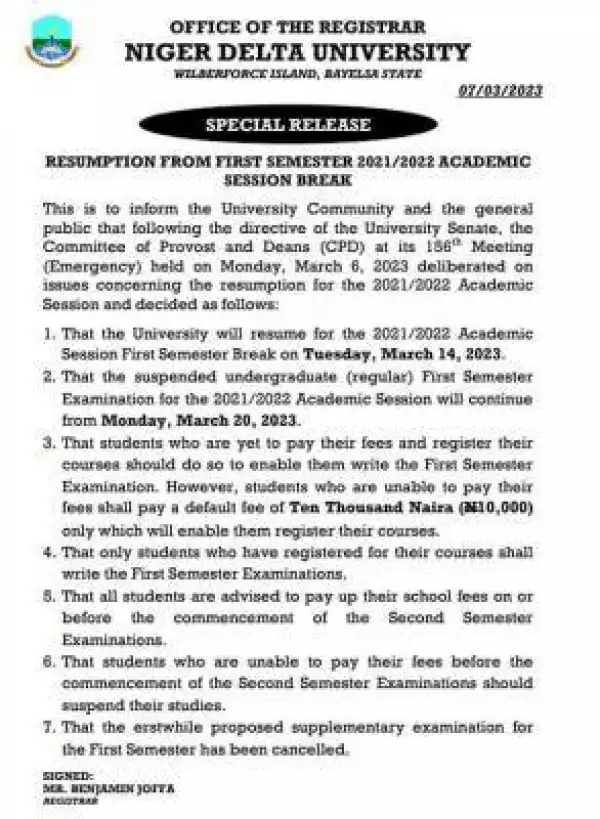 NDU notice on resumption from 1st semester 2021/2022 break