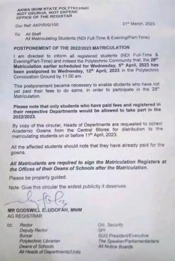 Akwa Ibom Poly postpones Matriculation Ceremony, 2022/2023