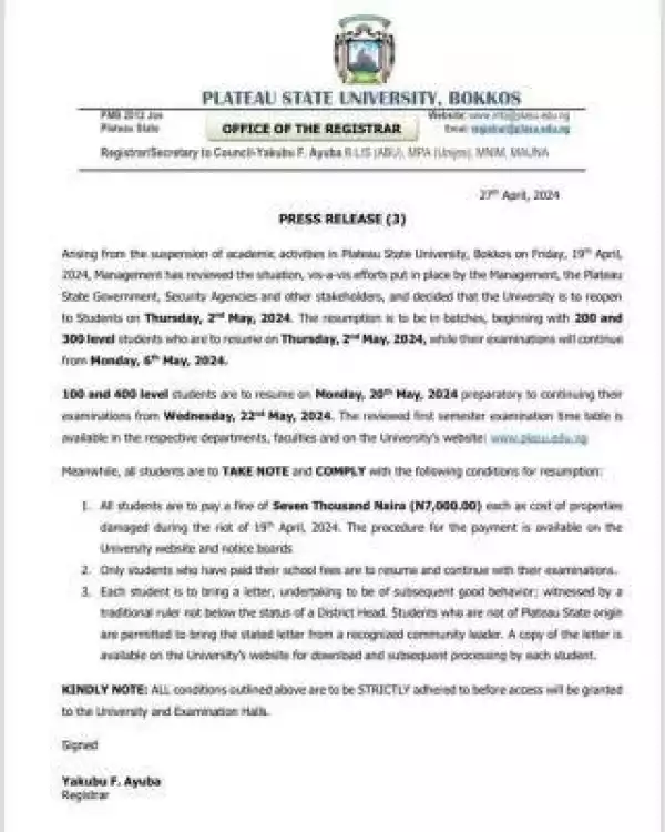 PLASU notice on resumption of academic activities