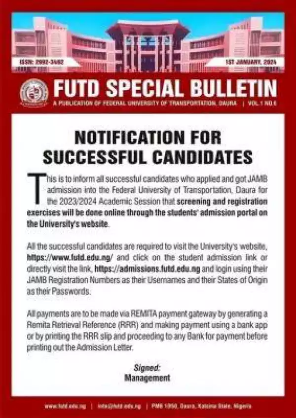 Federal University of Transport, Daura notice to all admitted candidates, 2023/2024