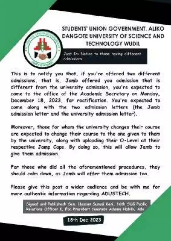 ADUSTECH notice to those having different admissions
