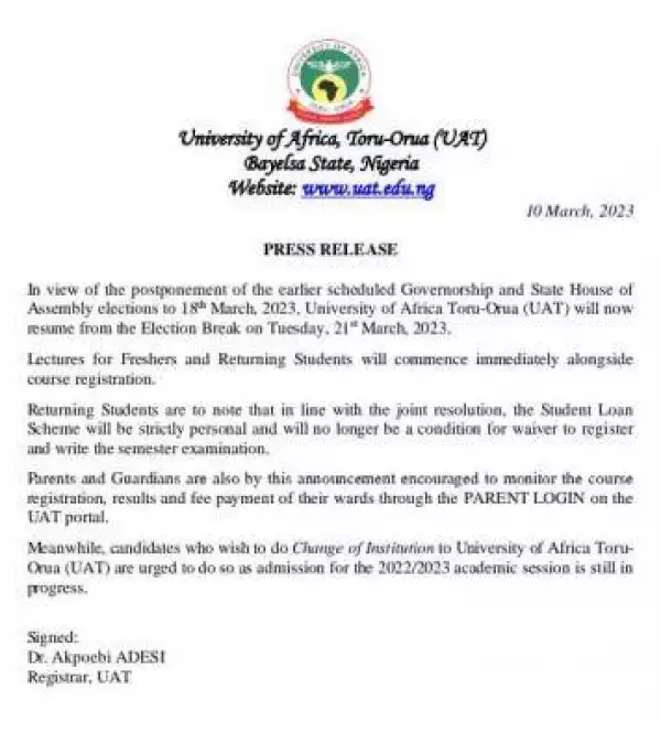 University of Africa Toru-Orua (UAT) notice on resumption