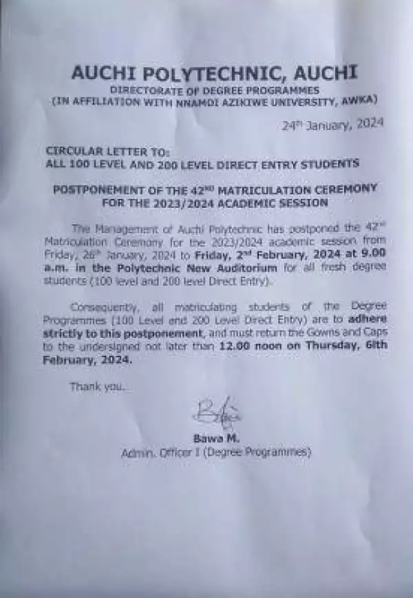 Auchi Poly notice on postponement of 42nd Matriculation ceremony, 2023/2024