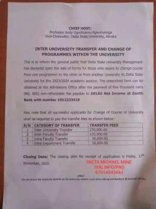 DELSU Inter University Transfer and Change of Programme application form