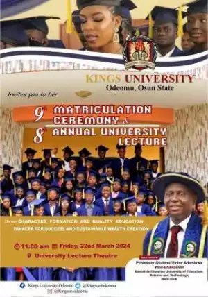 Kings University announces 9th Matriculation Ceremony