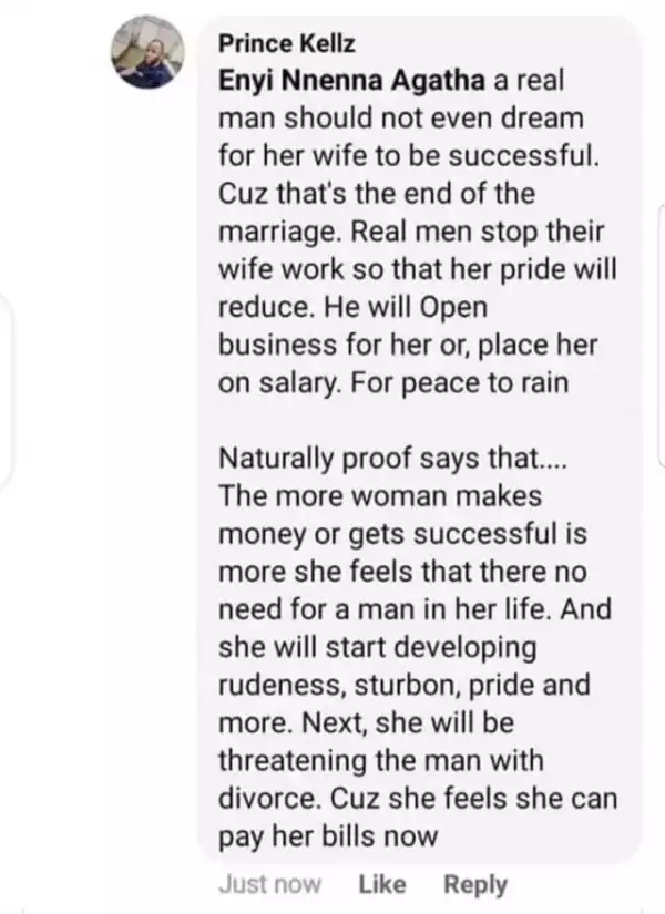 “A real man should not allow his wife to be successful” – Nigerian man says