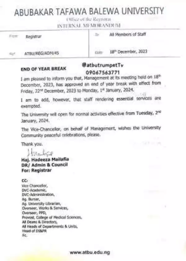 ATBU notice on end of the year break