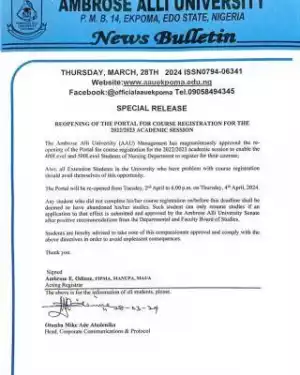 AAU notice on reopening of portal for course registration, 2022/2023
