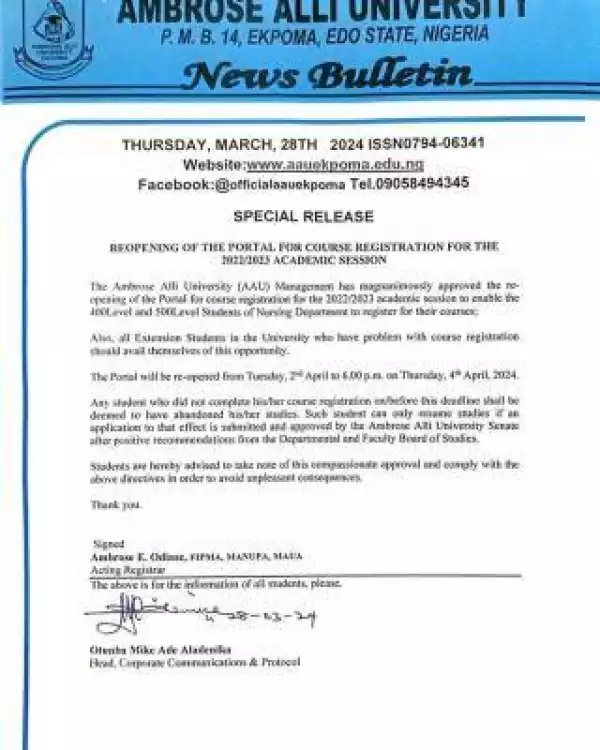 AAU notice on reopening of portal for course registration, 2022/2023
