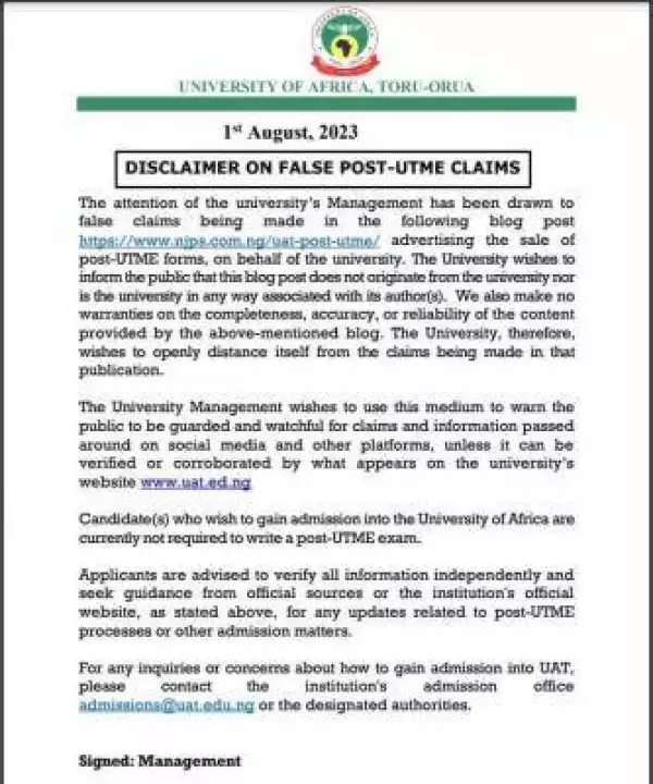 University of Africa disclaimer on false Post-UTME claims